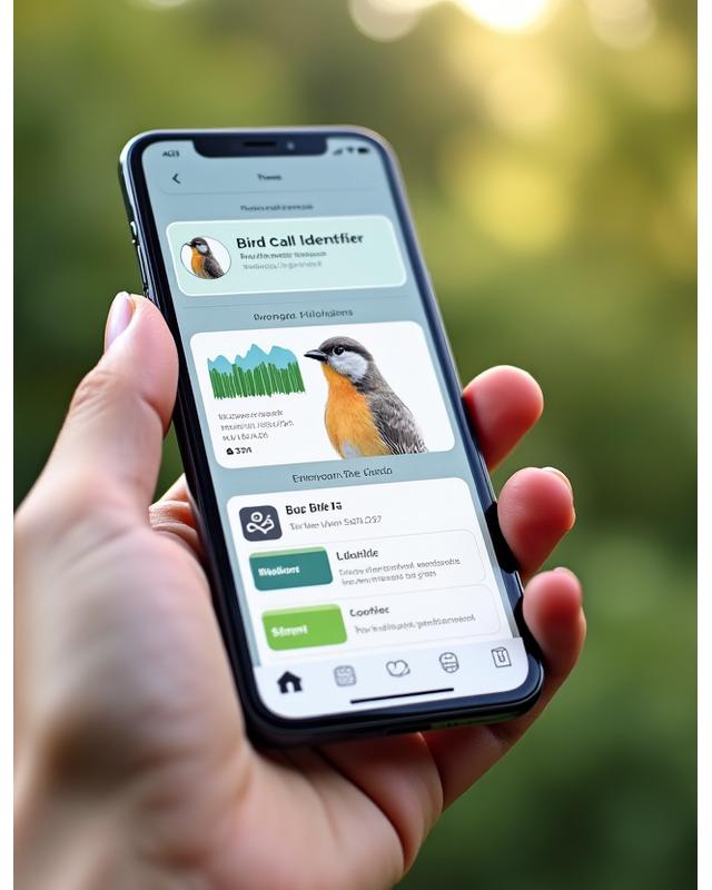 Mockup of a smartphone displaying the Birdwatching Goods app interface with bird identification and journal features