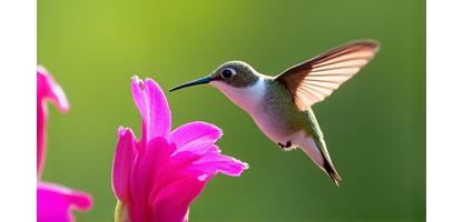 Hummingbird in flight near a flower