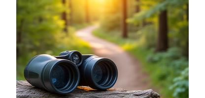Pair of binoculars on a nature trail with trees in the background